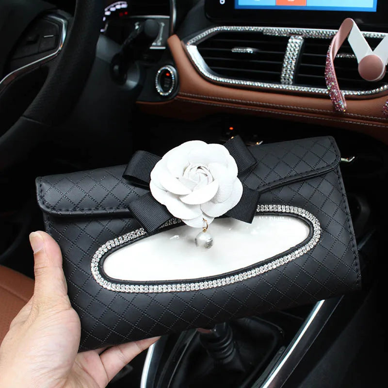 Camellia Flower Car Interior Accessories Crystal Leather Steering Wheel Cover Seat Belt Shifter Cover Auto Headrest Mirror Case - TopTrendingCart.com