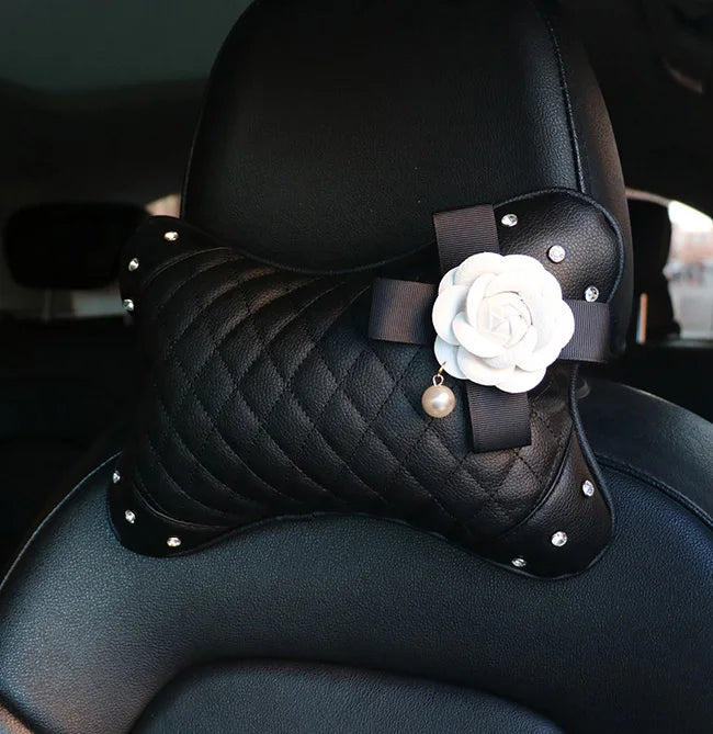 Camellia Flower Car Interior Accessories Crystal Leather Steering Wheel Cover Seat Belt Shifter Cover Auto Headrest Mirror Case - TopTrendingCart.com