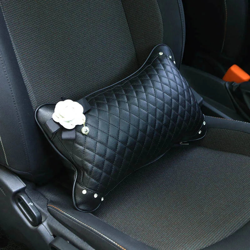 Camellia Flower Car Interior Accessories Crystal Leather Steering Wheel Cover Seat Belt Shifter Cover Auto Headrest Mirror Case - TopTrendingCart.com