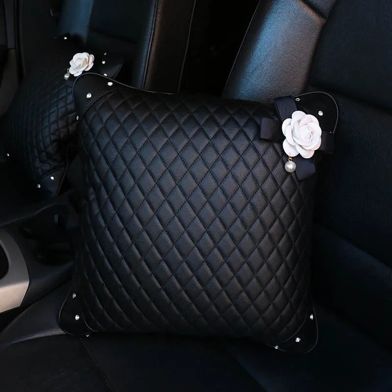 Camellia Flower Car Interior Accessories Crystal Leather Steering Wheel Cover Seat Belt Shifter Cover Auto Headrest Mirror Case - TopTrendingCart.com