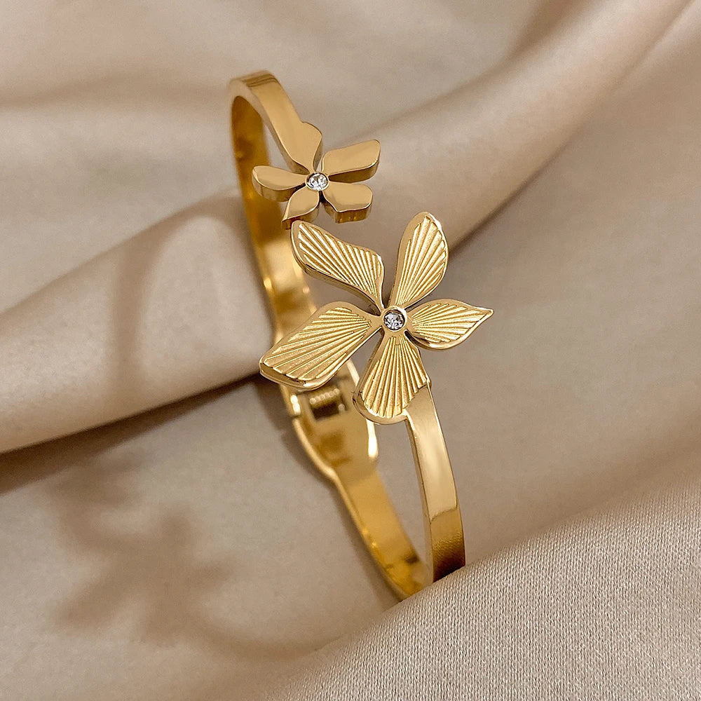 Stainless Steel Double Flower Cuff Bracelet Bangle - TopTrendingCart.com