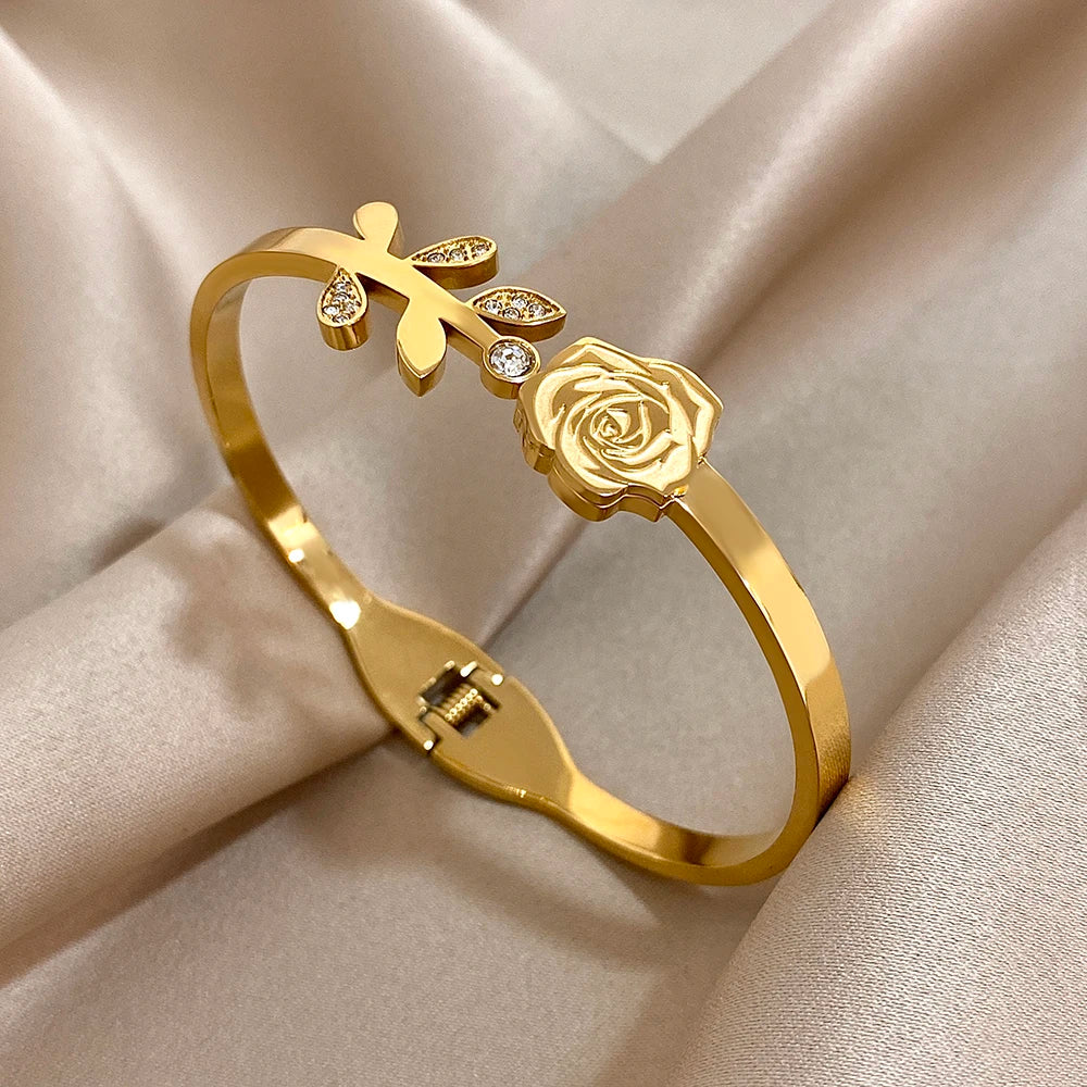 Stainless Steel Double Flower Cuff Bracelet Bangle - TopTrendingCart.com