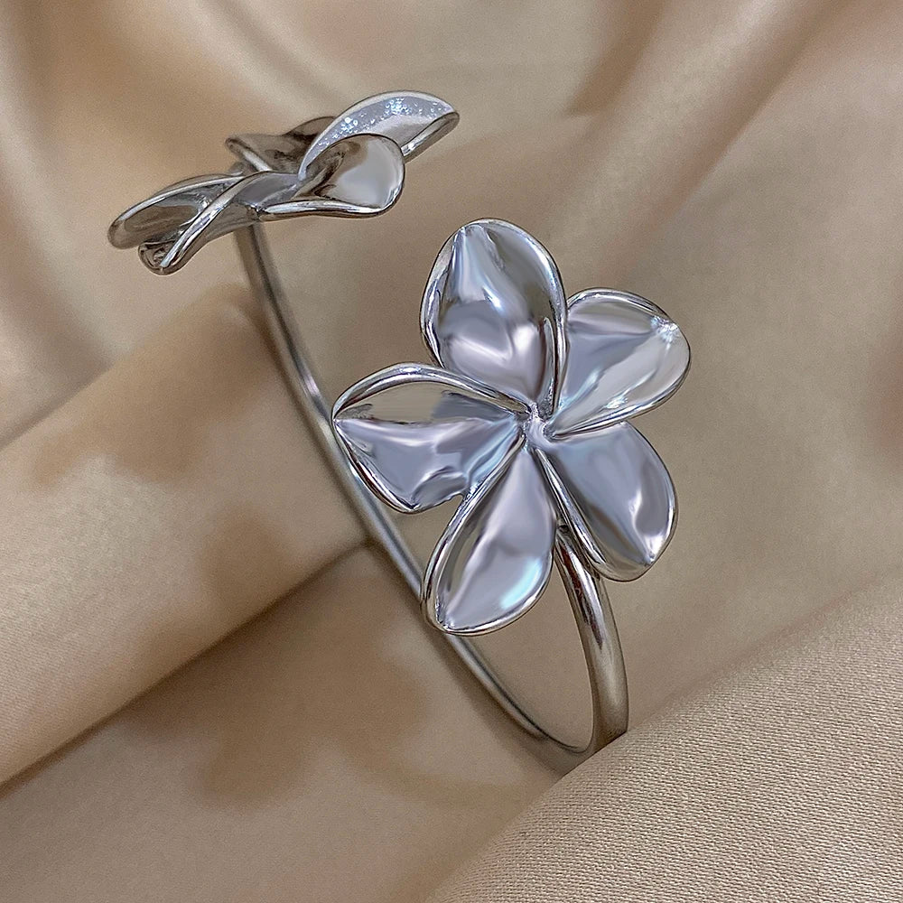Stainless Steel Double Flower Cuff Bracelet Bangle - TopTrendingCart.com