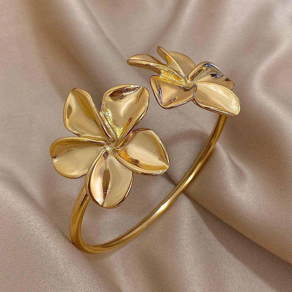 Stainless Steel Double Flower Cuff Bracelet Bangle - TopTrendingCart.com