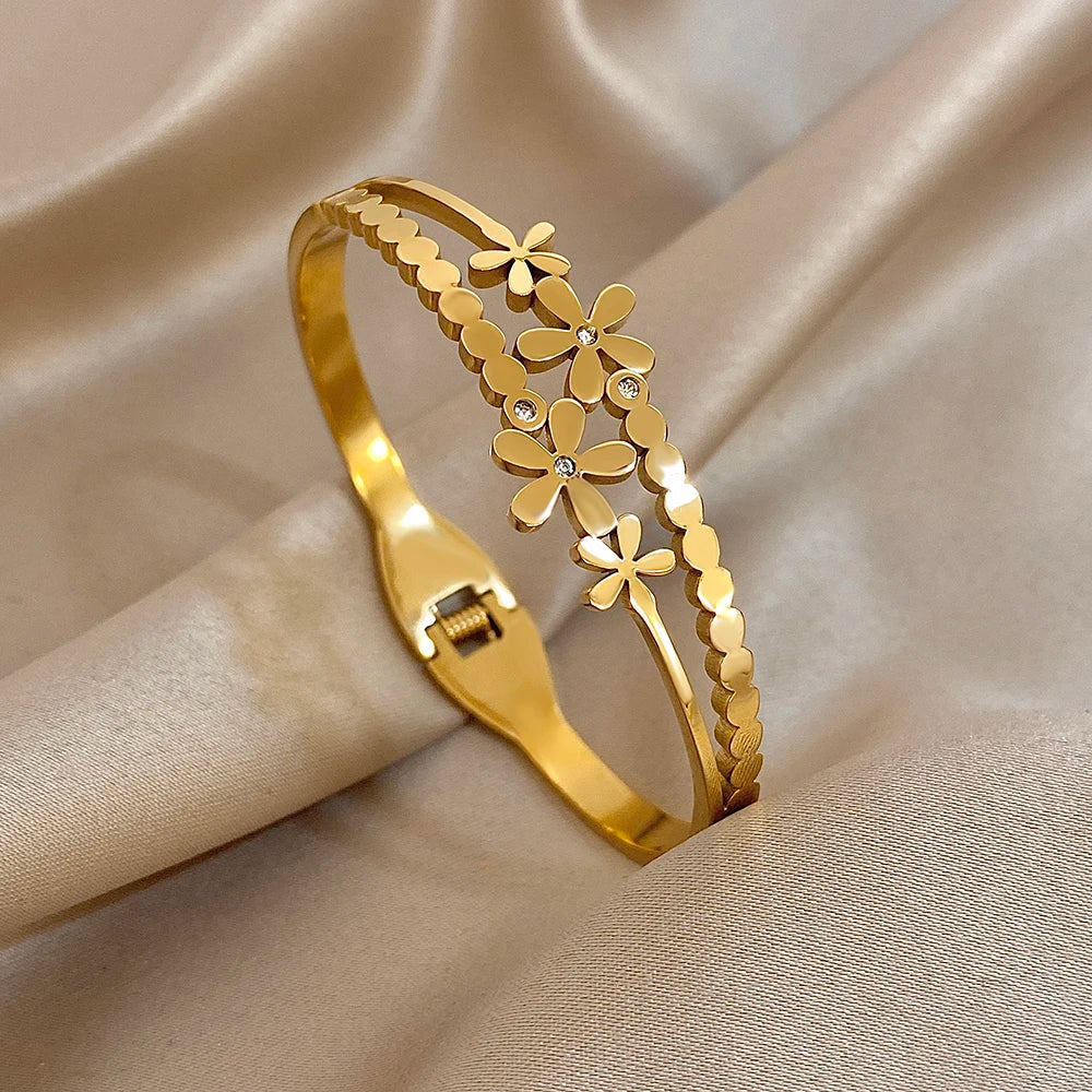 Stainless Steel Double Flower Cuff Bracelet Bangle - TopTrendingCart.com