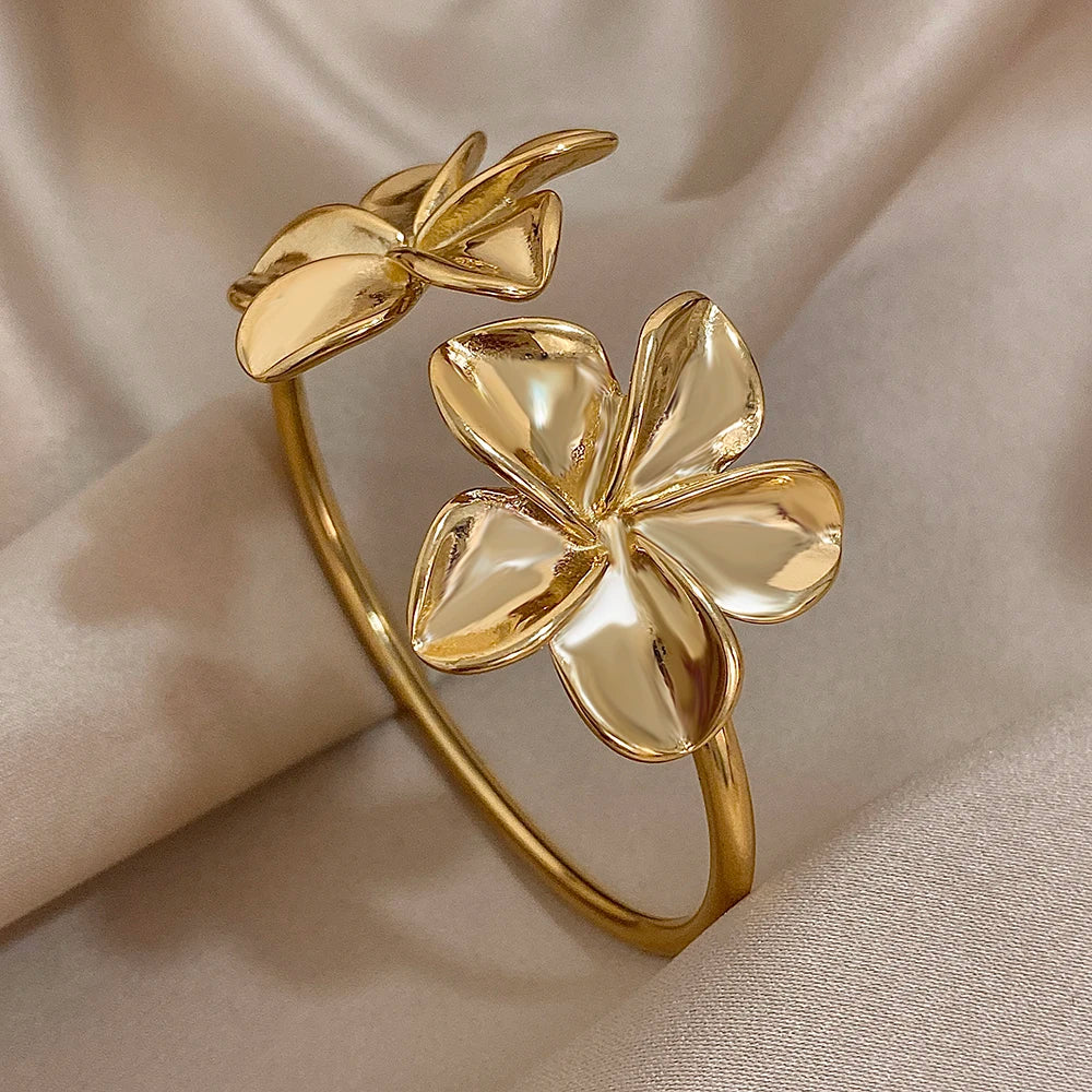 Stainless Steel Double Flower Cuff Bracelet Bangle - TopTrendingCart.com