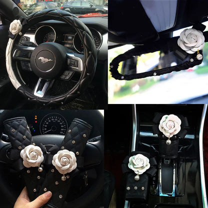 Camellia Flower Car Interior Accessories Crystal Leather Steering Wheel Cover Seat Belt Shifter Cover Auto Headrest Mirror Case - TopTrendingCart.com
