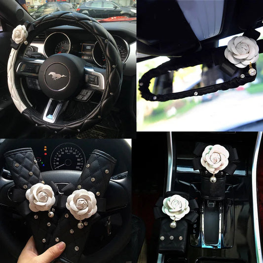 Camellia Flower Car Interior Accessories Crystal Leather Steering Wheel Cover Seat Belt Shifter Cover Auto Headrest Mirror Case - TopTrendingCart.com