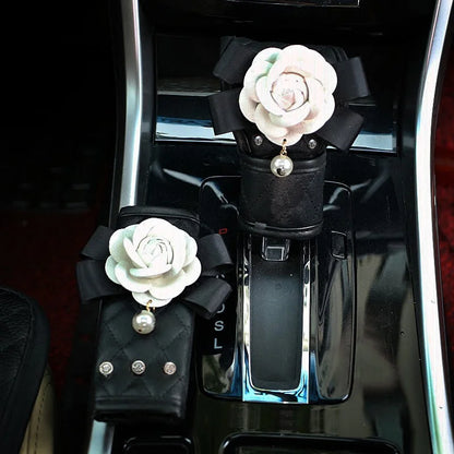 Camellia Flower Car Interior Accessories Crystal Leather Steering Wheel Cover Seat Belt Shifter Cover Auto Headrest Mirror Case - TopTrendingCart.com