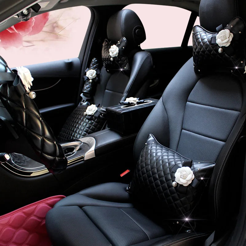 Camellia Flower Car Interior Accessories Crystal Leather Steering Wheel Cover Seat Belt Shifter Cover Auto Headrest Mirror Case - TopTrendingCart.com