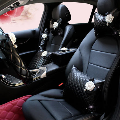 Camellia Flower Car Interior Accessories Crystal Leather Steering Wheel Cover Seat Belt Shifter Cover Auto Headrest Mirror Case - TopTrendingCart.com