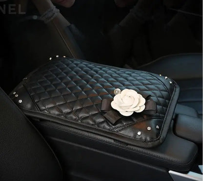 Camellia Flower Car Interior Accessories Crystal Leather Steering Wheel Cover Seat Belt Shifter Cover Auto Headrest Mirror Case - TopTrendingCart.com