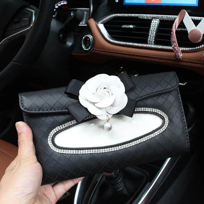 Camellia Flower Car Interior Accessories Crystal Leather Steering Wheel Cover Seat Belt Shifter Cover Auto Headrest Mirror Case - TopTrendingCart.com