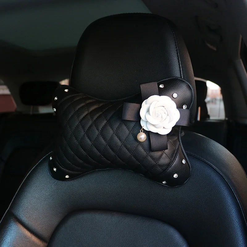Camellia Flower Car Interior Accessories Crystal Leather Steering Wheel Cover Seat Belt Shifter Cover Auto Headrest Mirror Case - TopTrendingCart.com