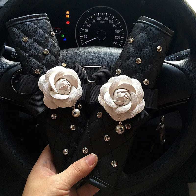 Camellia Flower Car Interior Accessories Crystal Leather Steering Wheel Cover Seat Belt Shifter Cover Auto Headrest Mirror Case - TopTrendingCart.com