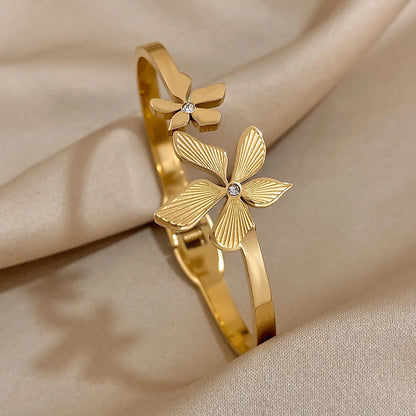 Stainless Steel Double Flower Cuff Bracelet Bangle - TopTrendingCart.com