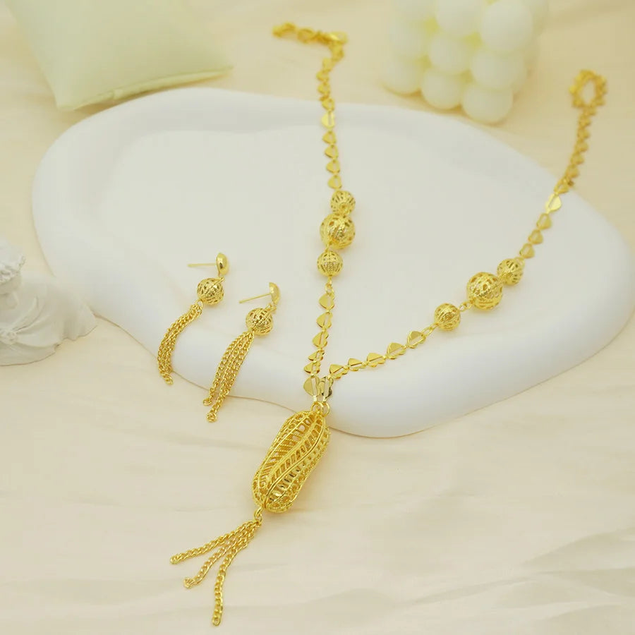 24K gold-plated two-piece jewelry set, Dubai jewelry, India, twisted geometric necklace earrings, bridal party gift - TopTrendingCart.com
