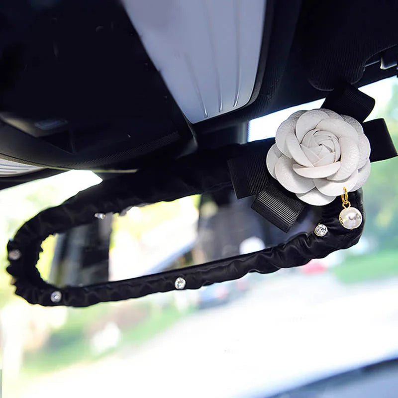 Camellia Flower Car Interior Accessories Crystal Leather Steering Wheel Cover Seat Belt Shifter Cover Auto Headrest Mirror Case - TopTrendingCart.com
