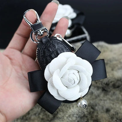Camellia Flower Car Interior Accessories Crystal Leather Steering Wheel Cover Seat Belt Shifter Cover Auto Headrest Mirror Case - TopTrendingCart.com