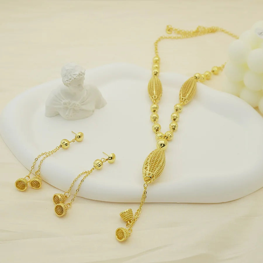 24K gold-plated two-piece jewelry set, Dubai jewelry, India, twisted geometric necklace earrings, bridal party gift - TopTrendingCart.com