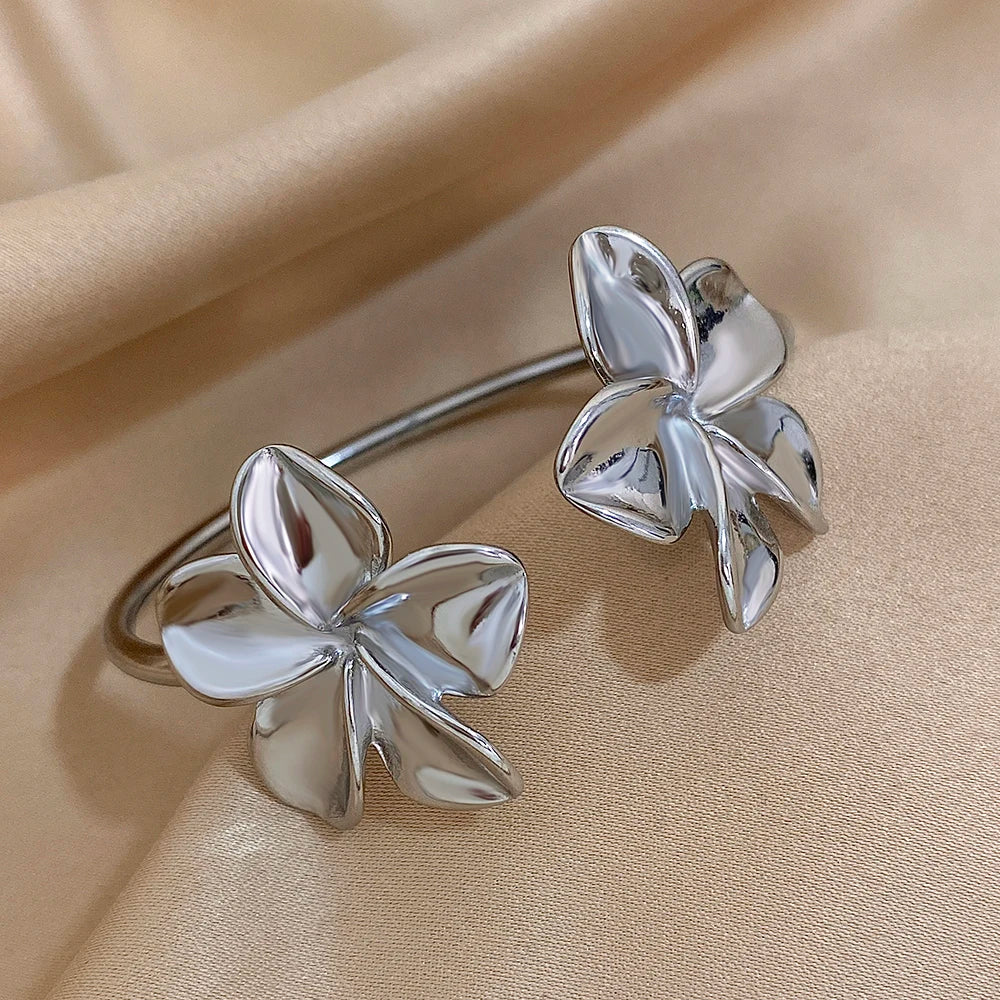 Stainless Steel Double Flower Cuff Bracelet Bangle - TopTrendingCart.com