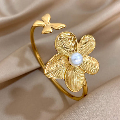 Stainless Steel Double Flower Cuff Bracelet Bangle - TopTrendingCart.com
