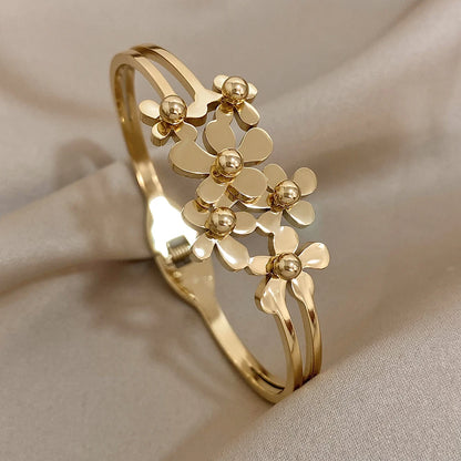 Stainless Steel Double Flower Cuff Bracelet Bangle - TopTrendingCart.com