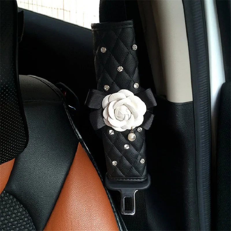 Camellia Flower Car Interior Accessories Crystal Leather Steering Wheel Cover Seat Belt Shifter Cover Auto Headrest Mirror Case - TopTrendingCart.com