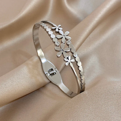 Stainless Steel Double Flower Cuff Bracelet Bangle - TopTrendingCart.com