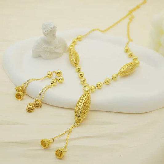 24K gold-plated two-piece jewelry set, Dubai jewelry, India, twisted geometric necklace earrings, bridal party gift - TopTrendingCart.com