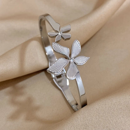 Stainless Steel Double Flower Cuff Bracelet Bangle - TopTrendingCart.com