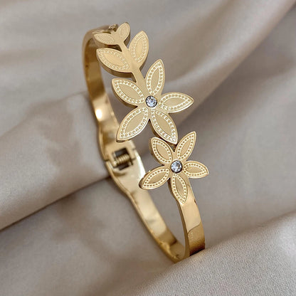 Stainless Steel Double Flower Cuff Bracelet Bangle - TopTrendingCart.com