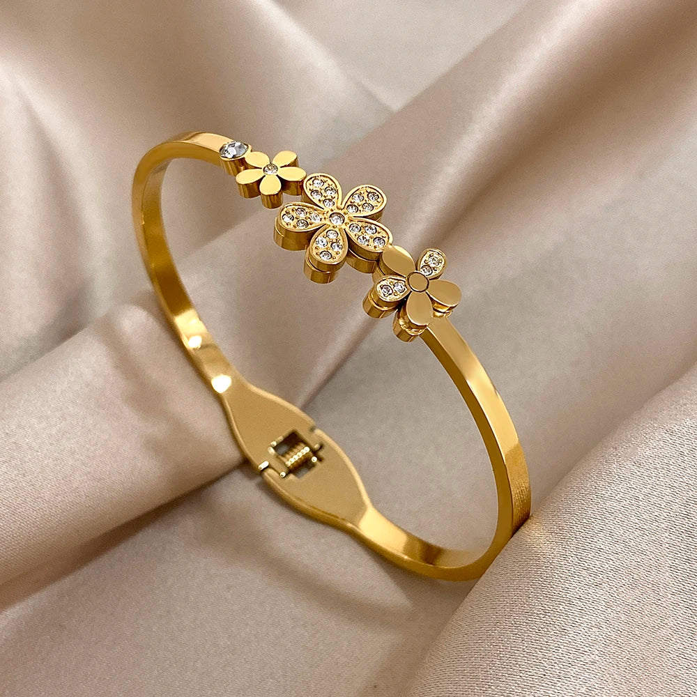 Stainless Steel Double Flower Cuff Bracelet Bangle - TopTrendingCart.com