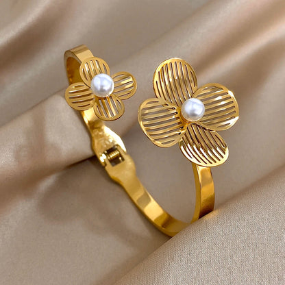 Stainless Steel Double Flower Cuff Bracelet Bangle - TopTrendingCart.com