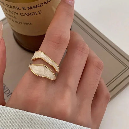 Vintage White Enamel Metal Irregular Geometric Adjustable Ring - TopTrendingCart.com